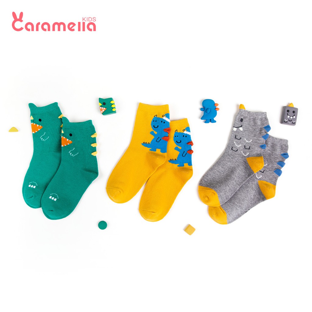 Tất Caramella Cho Bé Trai Mẫu Khủng Long Set 3 Đôi Vớ Trẻ Em Kèm Túi Zip