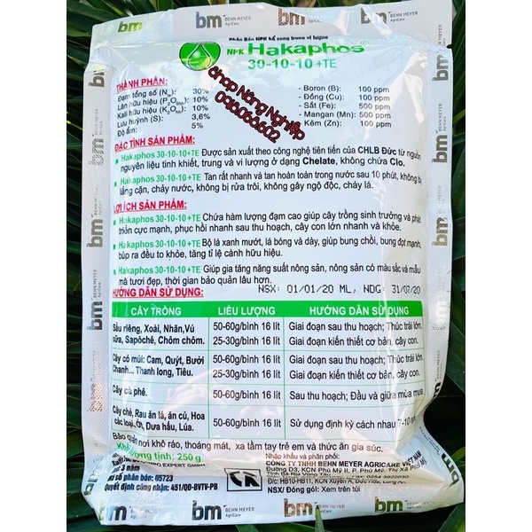 Phân bón lá, rễ Behn Meyer 30-10-10+TE giúp cây đâm tược, xanh lá, dày lá