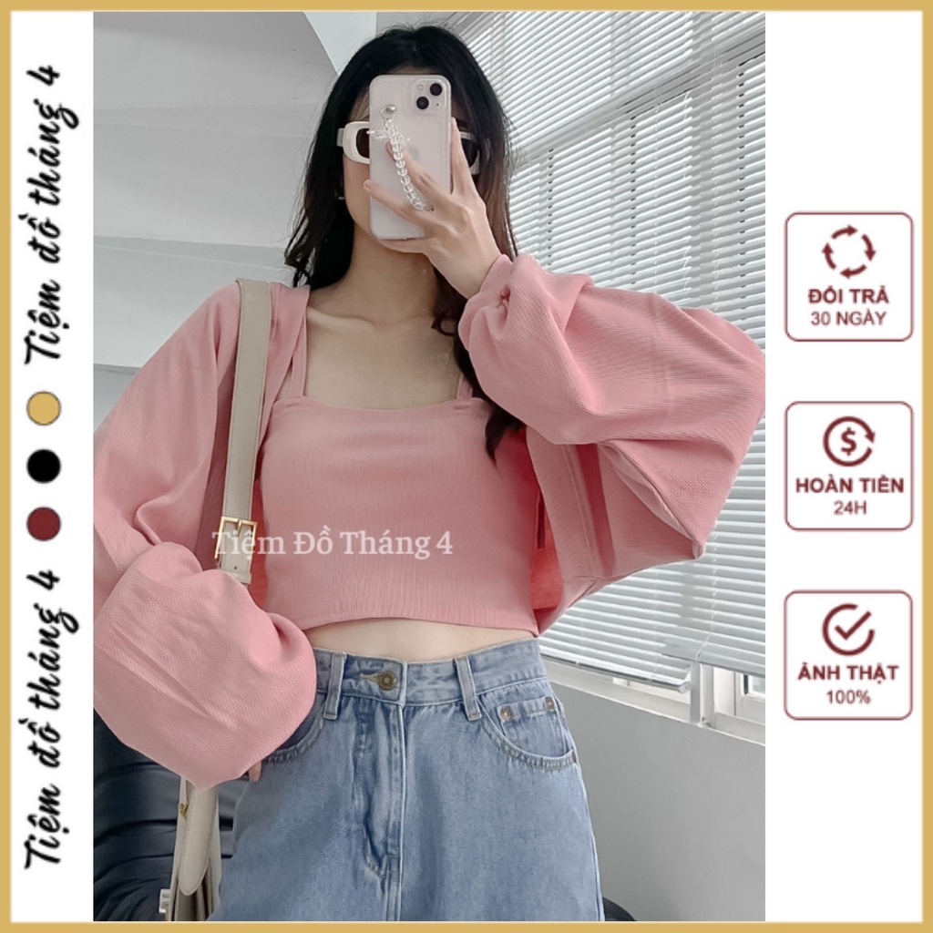 Set Áo Cardigan Croptop Hai Dây Bên Trong Thun Gân Ôm Tôn Dáng, Croptop 2 Dây Kèm Áo Khoác Ngoài Mẫu 2022 BARBIE TOP