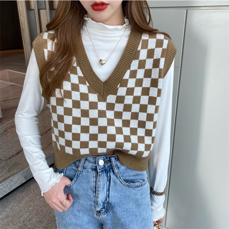 Áo croptop không tay phối sọc caro sành điệu