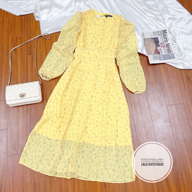 Đầm voan vàng dáng dài 2 lớp thắt dây eo