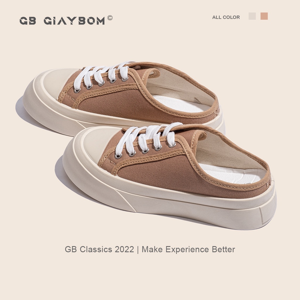 Giày Sục Thể Thao Nữ Giày BOM Sneaker Vải Canvas Đế Cao Bánh Mì Hở Gót 2 Màu Kem Vàng giayBOM GB Classics Mule B1496