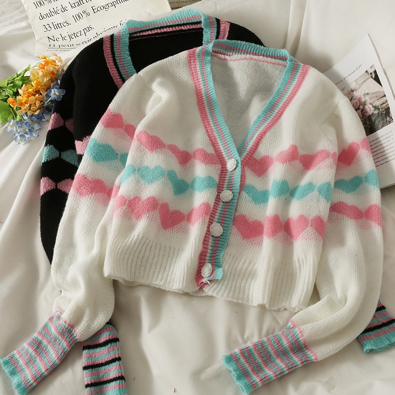 Áo len tay dài dáng cardigan cổ chữ V 2 màu viền màu xanh hồng họa tiết trái tim