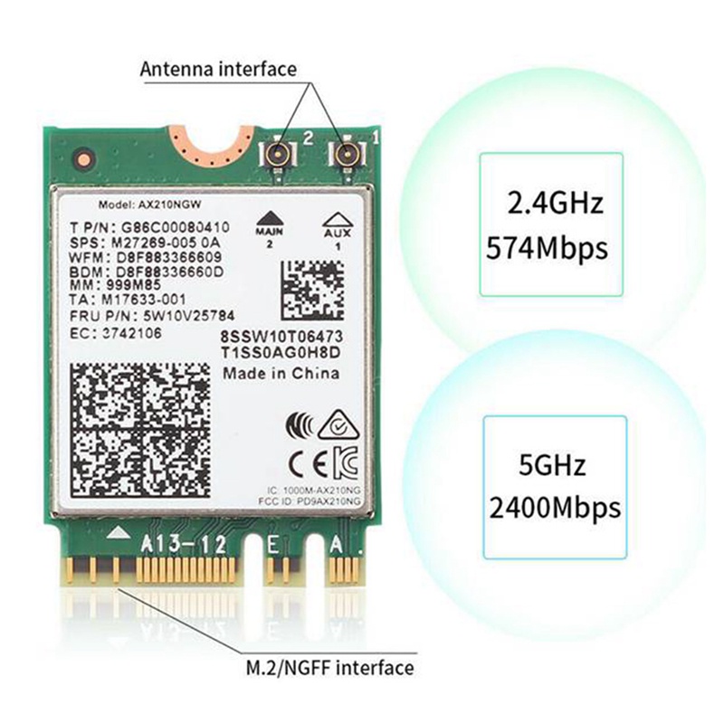 Thẻ Wifi 6E Bluetooth 5.2 Cho Intel AX210 Băng Tần Kép 3000Mbps M.2 AX210NGW 2.4G / 5G 802.11Ax Kèm Ăng Ten IPEX