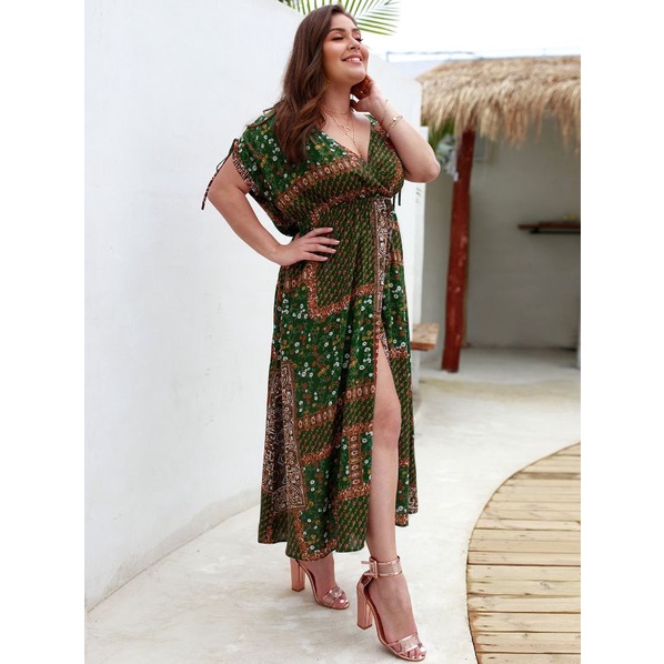 Xiangbao Đầm Dài Đi Biển Mùa Hè Xẻ Tà In Họa Tiết Cổ Điển Kích Thước Lớn Cho Nữ