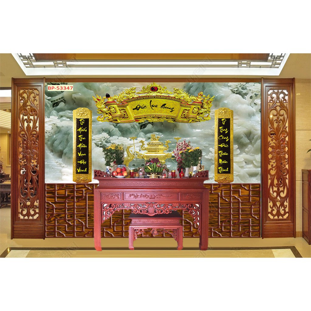 Tranh dán tường phía sau bàn thờ hình 3D có hoành phi câu đối kích thước rộng 150 x 120