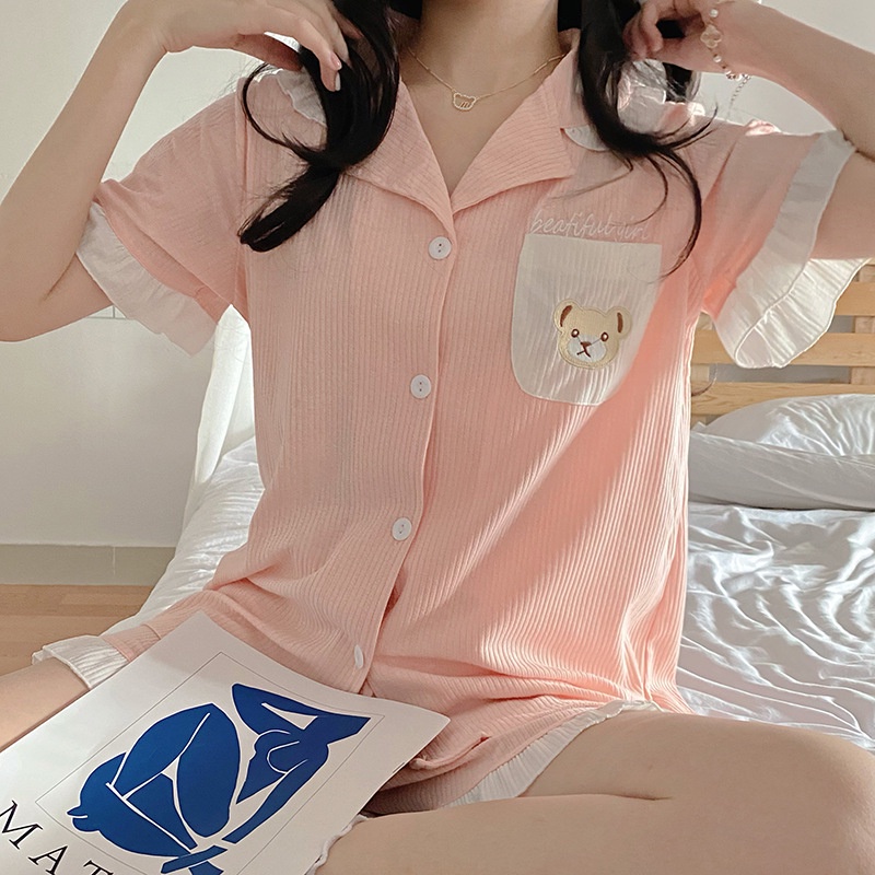 Đồ bộ nữ mặc nhà pijama tay ngắn cotton sợi tre cao cấp viền bèo dễ thương - CTN3