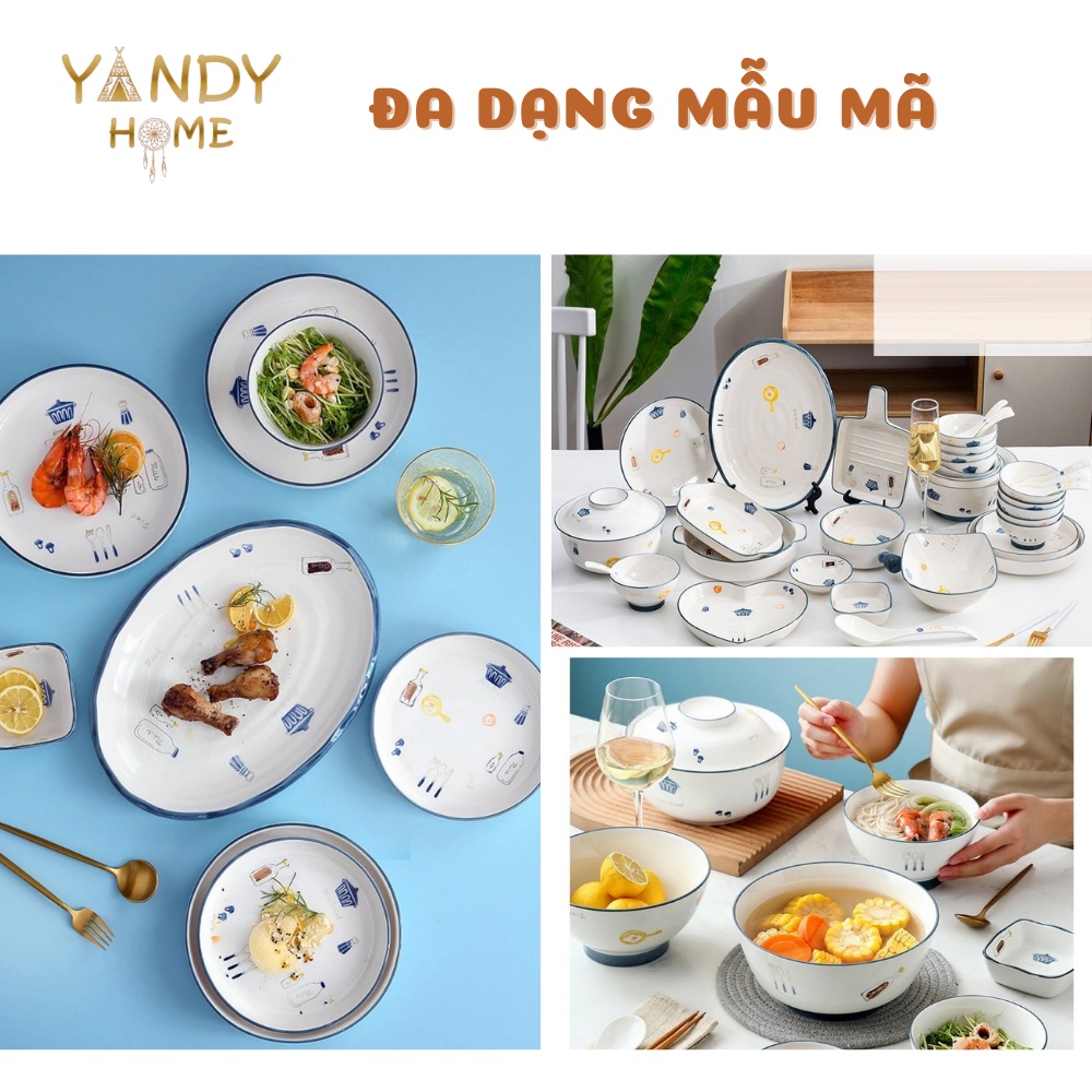 Bát đĩa gốm sứ YANDY HOME BB13 màu trắng họa tiết dụng cụ bếp men bóng đẹp dễ thương 15 chi tiết