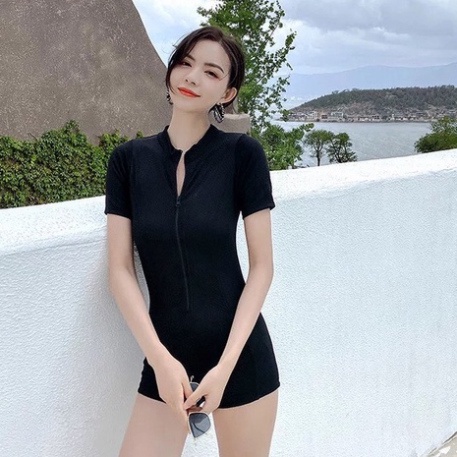 Bikini Đồ bơi nữ có tay khóa kéo màu ĐEN FORM SHORT sành điệu kín đáo co dãn thoải mái (vải xịn) freesize 45-60kg