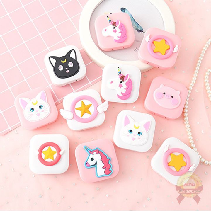 Khay Hộp đựng lens 6in1 3D ngộ nghĩnh để kính áp tròng và dụng cụ lấy lens hình heo mèo độc giác dễ thương