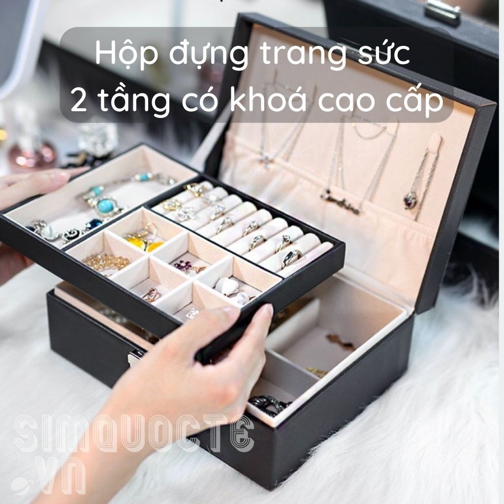 Hộp đựng trang sức hai tầng bọc da có khoá HD01
