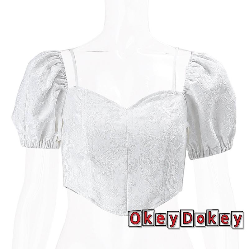 Odokey-áo Croptop Tay Phồng Ngắn Cổ Buộc Dây Kiểu Cách Cho Nữ Trẻ Trung