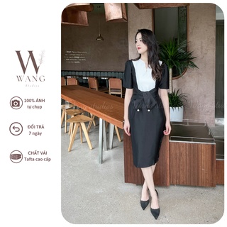 Đầm nữ ôm body Wang phối cổ đen trắng sang trọng tinh tế, chất liệu tafeta cao cấp may lót lụa mát mềm WS022