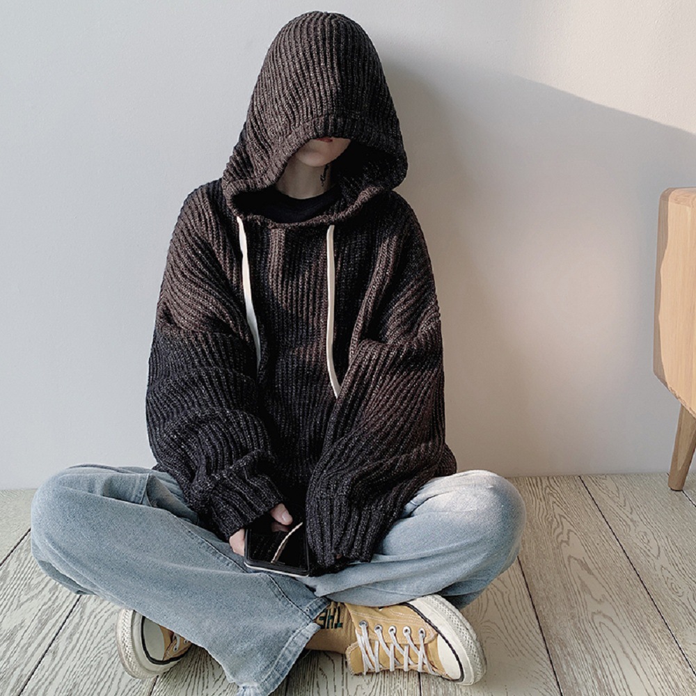 Áo Khoác Sweater Dệt Kim Dày Dặn Dáng Rộng Có Mũ Trùm Kiểu Hồng Kông Cá Tính Cho Nam