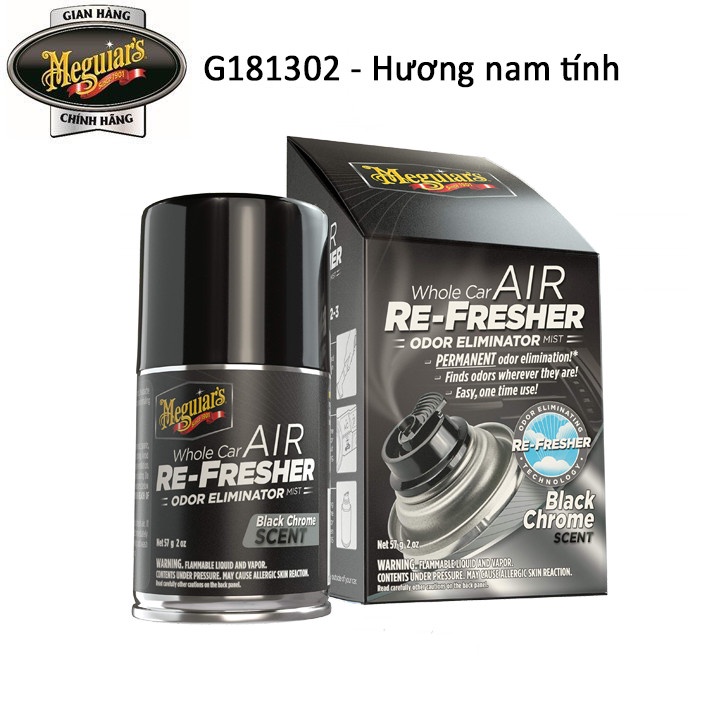 Meguiar's Xịt khử mùi, diệt khuẩn nội thất xe hơi Mùi hương nam tính - Air Refesher - Black Chrome Scent - G181302, 57 g