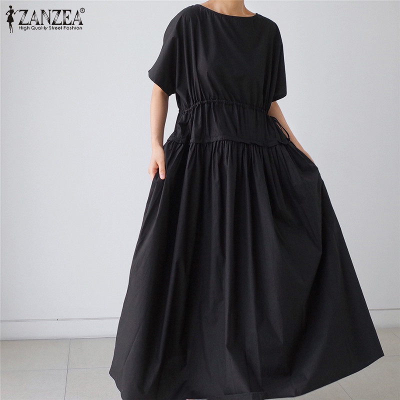 Đầm maxi ZANZEA tay ngắn cổ tròn dáng rộng màu trơn phối dây rút thời trang dành cho nữ