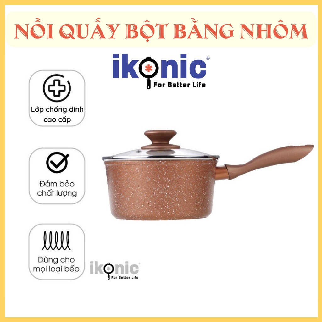 Nồi quấy bột bằng nhôm phủ vân đá nắp kính cường lực IKONIC IK6816 - 16CM dùng cho bếp gas và bếp hồng ngoại