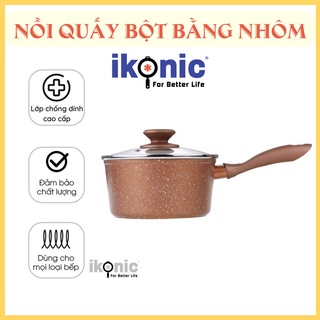 Nồi quấy bột bằng nhôm phủ vân đá nắp kính cường lực IKONIC IK6816 - 16CM dùng cho bếp gas và bếp hồng ngoại