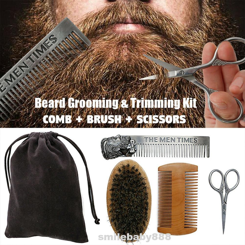 4pcs Goatee Barber Shop With Bag Grooming Facial Salon Manual Tool Shaving Scissor Mustache Styling Beard Trimming Kit