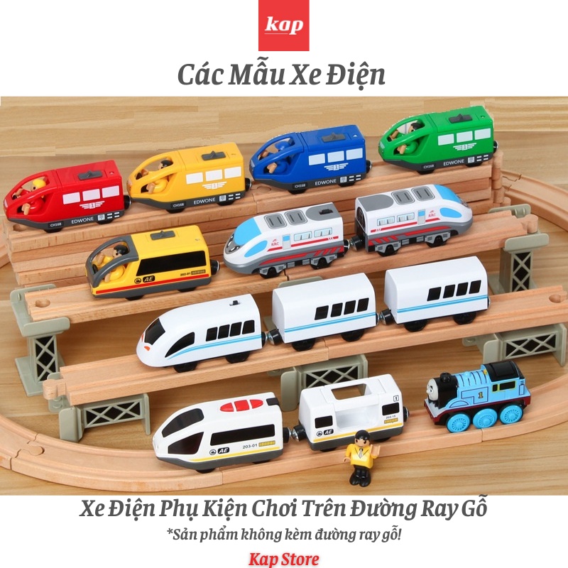 Tàu điện 2 toa chỡ khách, xe lửa chạy pin - xe phụ kiện có thể chạy trên đường ray xe lửa gỗ