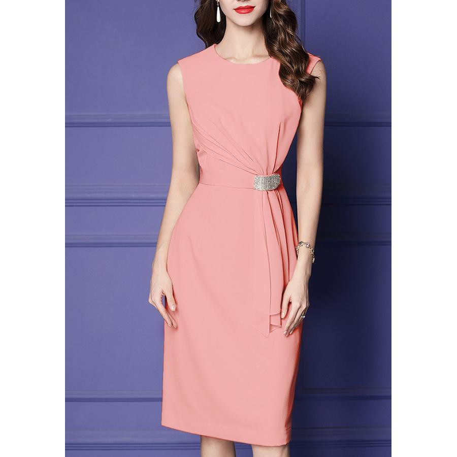 GOTI - Đầm Ôm Dự Tiệc Kiểu Không Tay Phối Voan Eo Đính Hạt Màu Vàng 3098