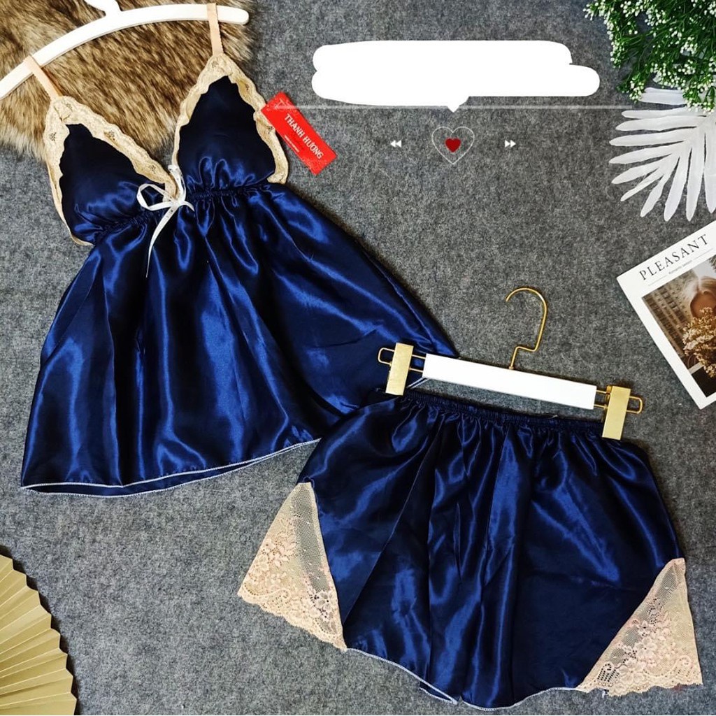 Đồ ngủ sexy, bộ đồ ngủ nữ [ FREESHIP ] chất vải phi lụa, không mút, hai dây phối ren, mịn mịn, quyến rủ size 48--55kg