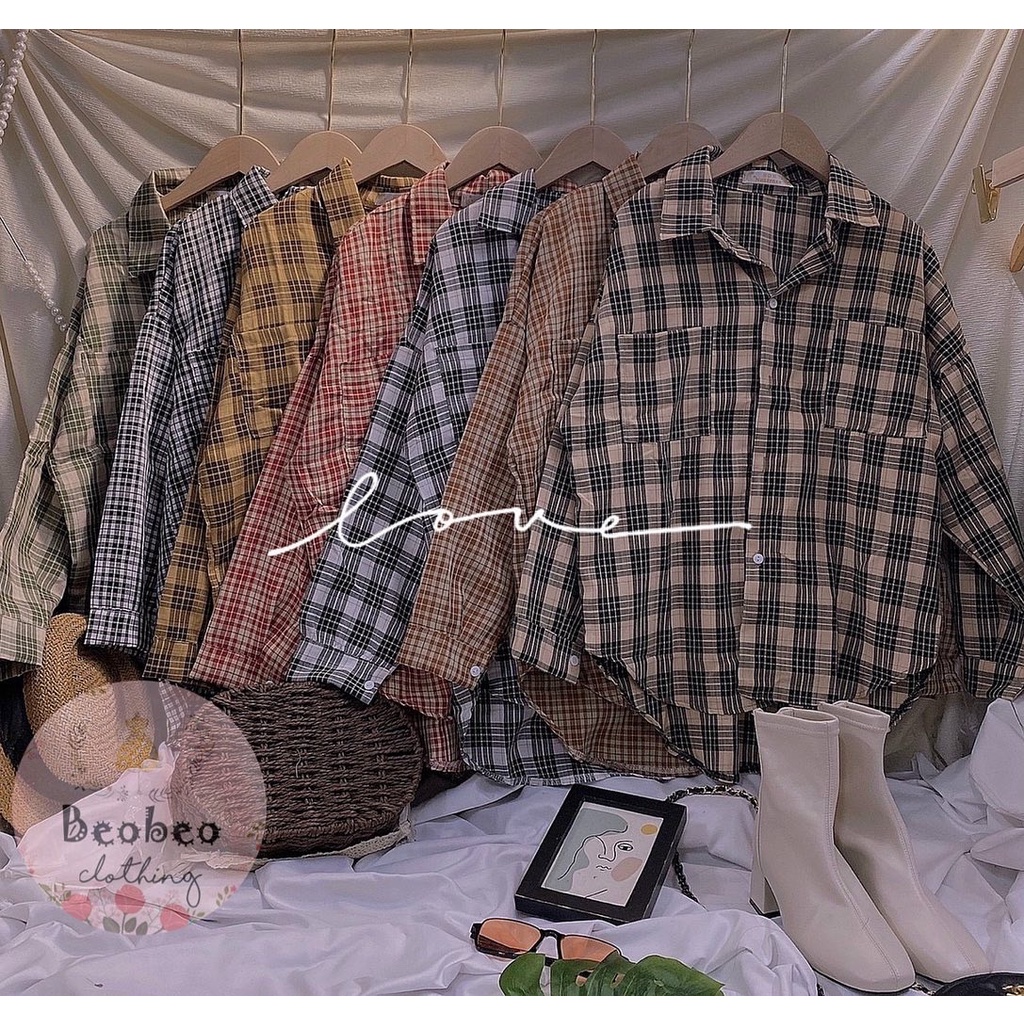 Áo sơ mi oversize sọc kẻ caro tay phồng nhiều màu ulzzang