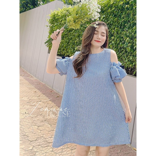 Đầm Rớt Vai Tay Nơ, đầm kẻ sọc, đầm suông xinh xắn, diện hè, đầm sọc phom suông.