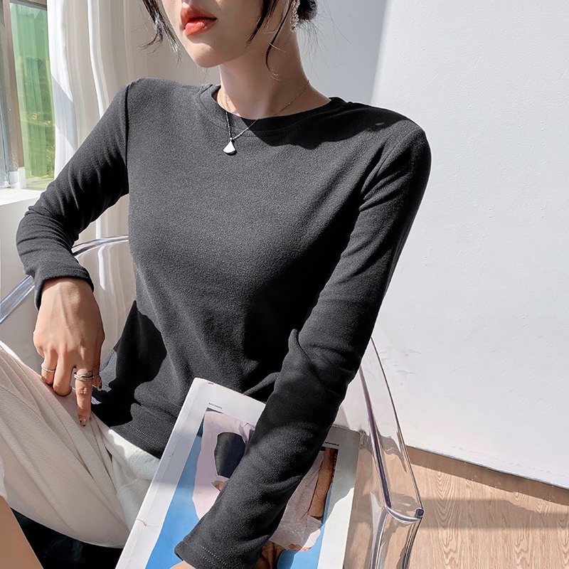 Áo Thun Lông Nhung Tay Dài Cổ Tròn Màu Trơn Phong Cách Thời Trang Mùa Thu Mới Cho Nữ