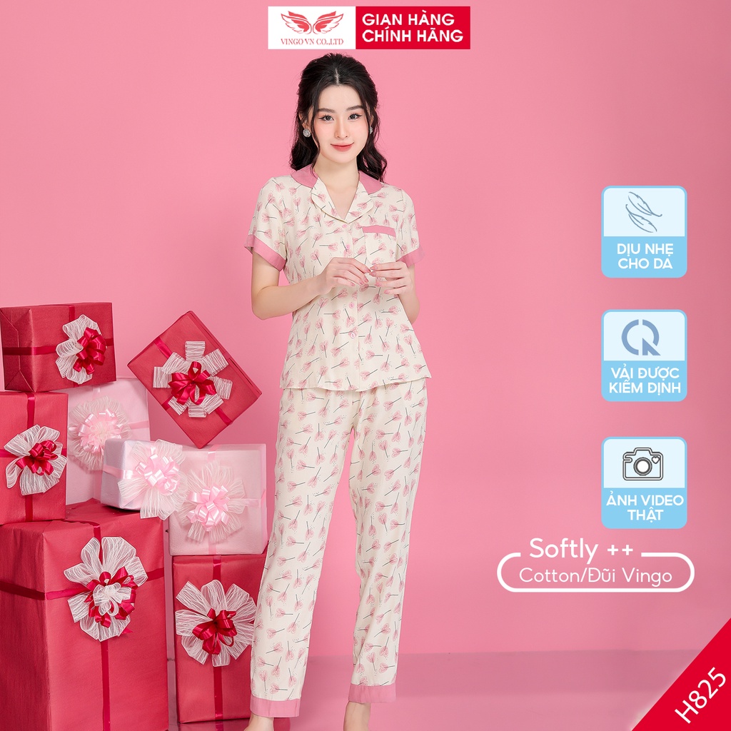Đồ bộ nữ mặc nhà Pijama tơ đũi mềm mại VINGO tay ngắn quần dài trái tim hồng nền be nhẹ nhàng mặc mùa Hè H825 VNGO