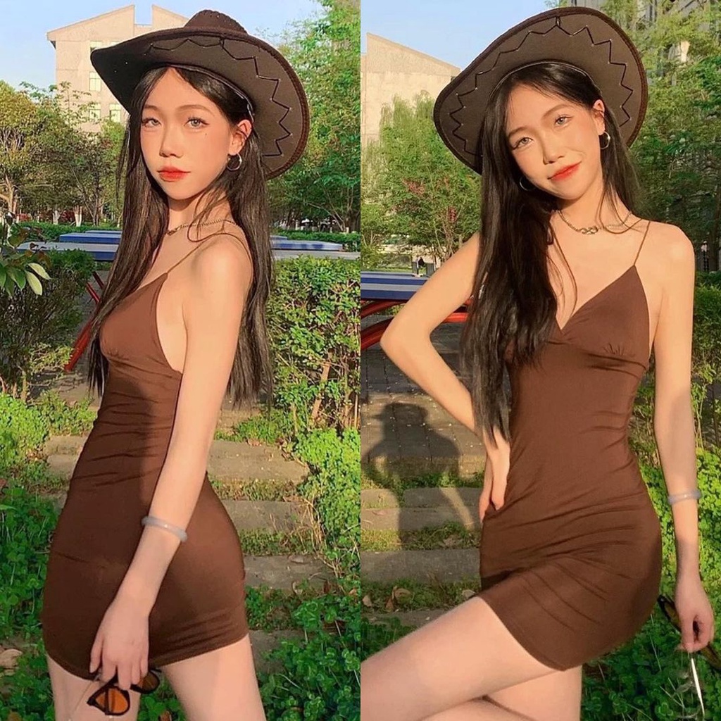 Đầm Body Thun Hai Dây Nâu Dây Mảnh Phong Cách Sexy Quyến Rũ