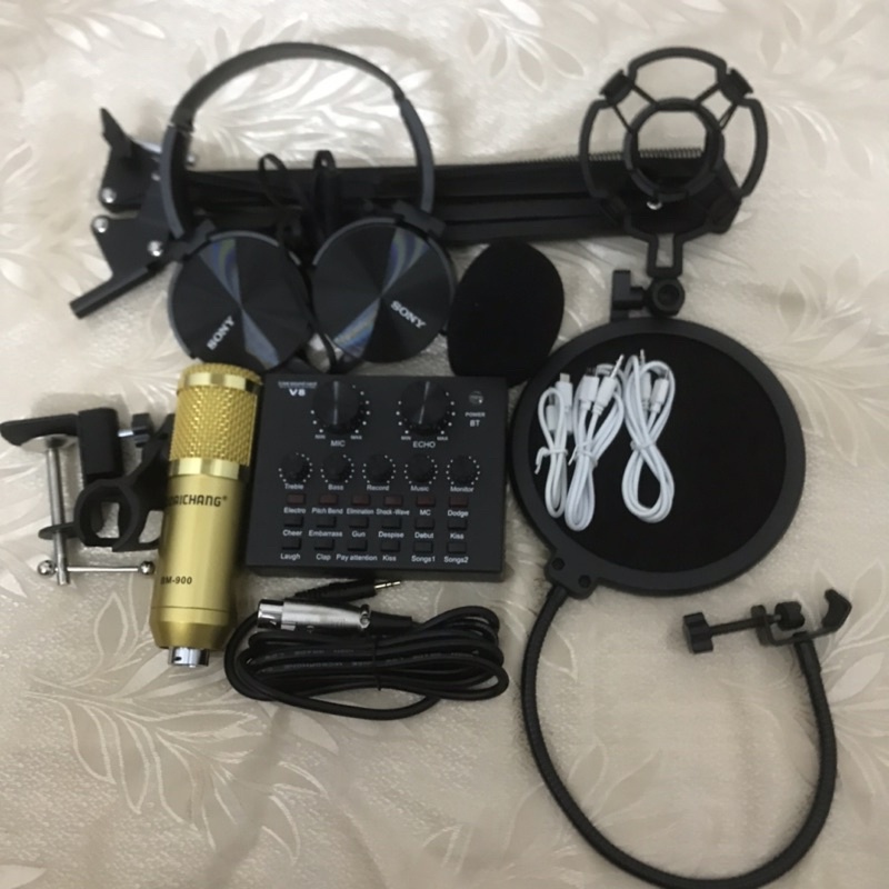 combo bộ míc thu âm livestream hát karaoke online micro BM-800 CARD V8 bluetooth chân kep màng lọc t