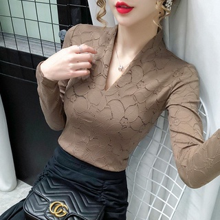 Áo thun tay dài cổ chữ V phối ren thời trang phương Tây mới sành điệu cho nữ