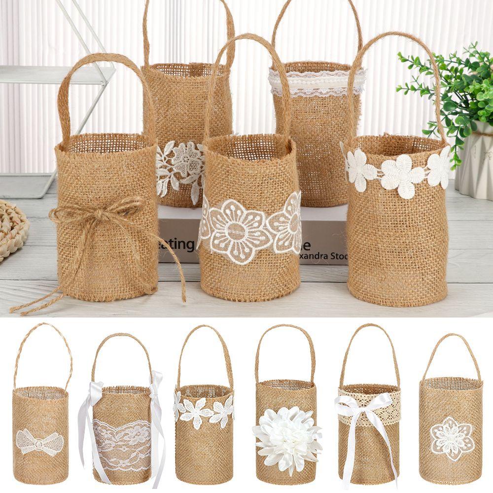 Giỏ Đựng Kẹo Bằng Vải Bố Phối Ren Hoa Phong Cách Vintage