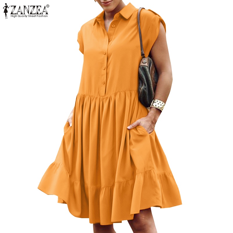 Đầm Zanzea dáng chữ A ngắn tay cổ bẻ phong cách châu Âu quyến rũ dành cho nữ