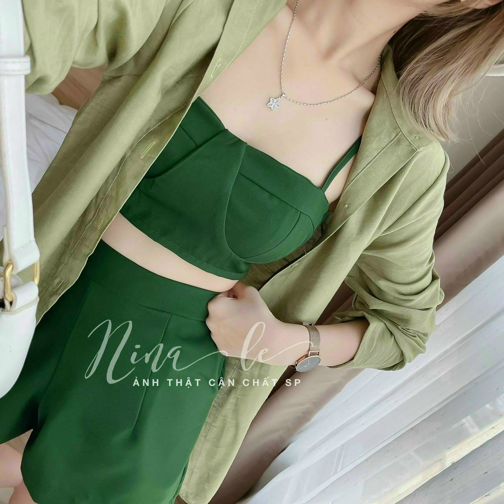 Sét Bộ Nữ Thời Trang Mặc Đi Chơi, Sét Bộ Tuyết Mưa Áo Croptop Hai Dây Mix Quần Đùi Kèm Áo Khoác Lụa Xinh Xắn