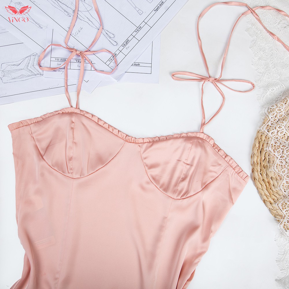 VINGO Váy Ngủ Lụa Hai Dây Nữ Viền Bèo Cúp Ngực Gợi Cảm Quyến Rũ N237 VNGO | BigBuy360 - bigbuy360.vn