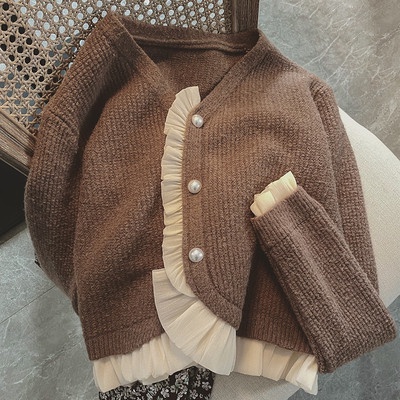 Áo len cardigan cổ V cài khuy phối voan vạt áo điệu đà tiểu thư vintage Hàn Quốc