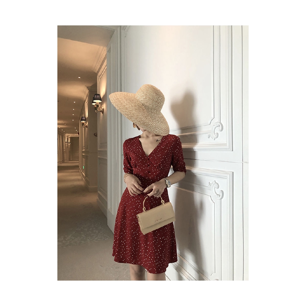 Đầm Nữ Cổ Chữ V Họa Tiết Chấm Bi Thời Trang | BigBuy360 - bigbuy360.vn