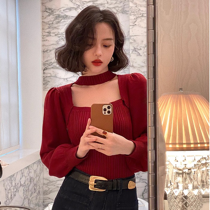 SUXI Áo dài tay khoét ngực cổ vuông thiết kế mới thời trang phong cách Hàn quốc cho nữ