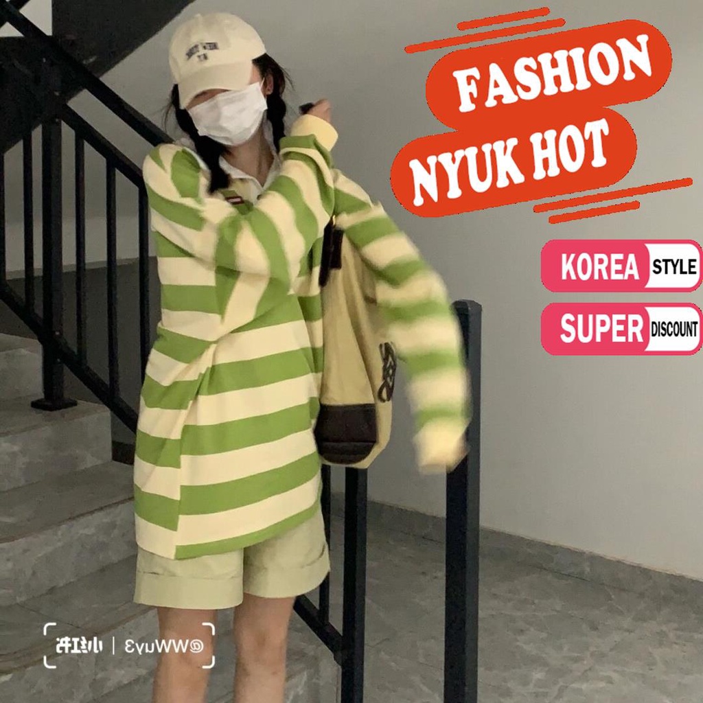 Áo Sơ Mi Tay Dài Cổ Polo Form Rộng Họa Tiết Kẻ Sọc Thời Trang Hàn Quốc Cho Nữ | BigBuy360 - bigbuy360.vn