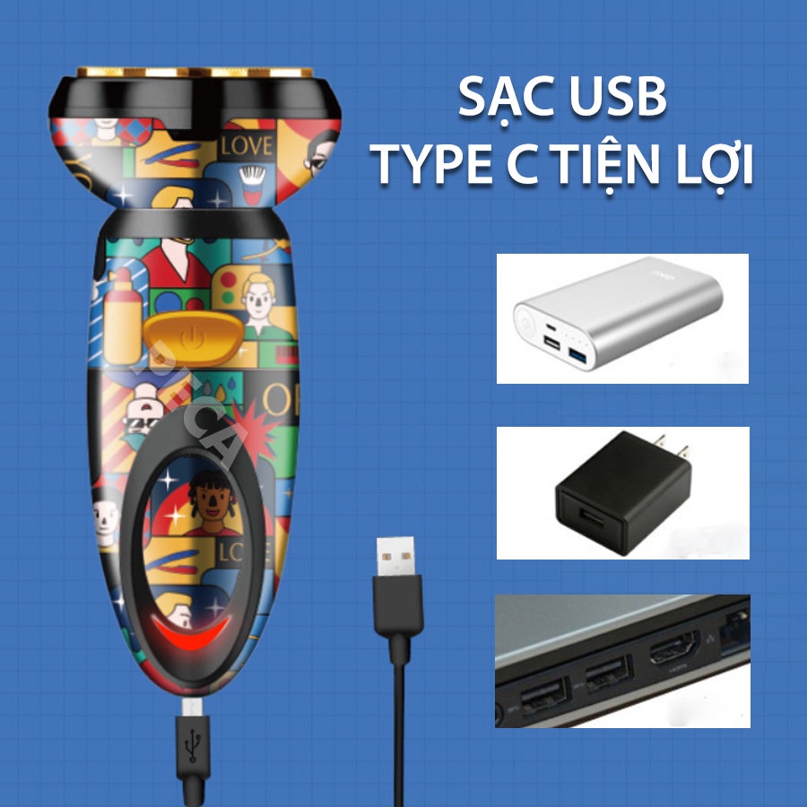 Máy cạo râu lưỡi kép 4D KEMEI KM-RS503 vỏ bọc sang trọng màu sắc TREND GRAFFITI phiên bản mini cá tính, dùng sạc USB