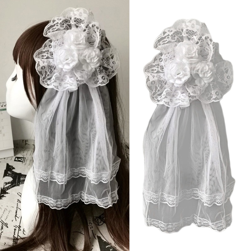 Kẹp Tóc Hình Mạng Che Mặt Phối Ren Hoa Hồng Phong Cách Lolita
