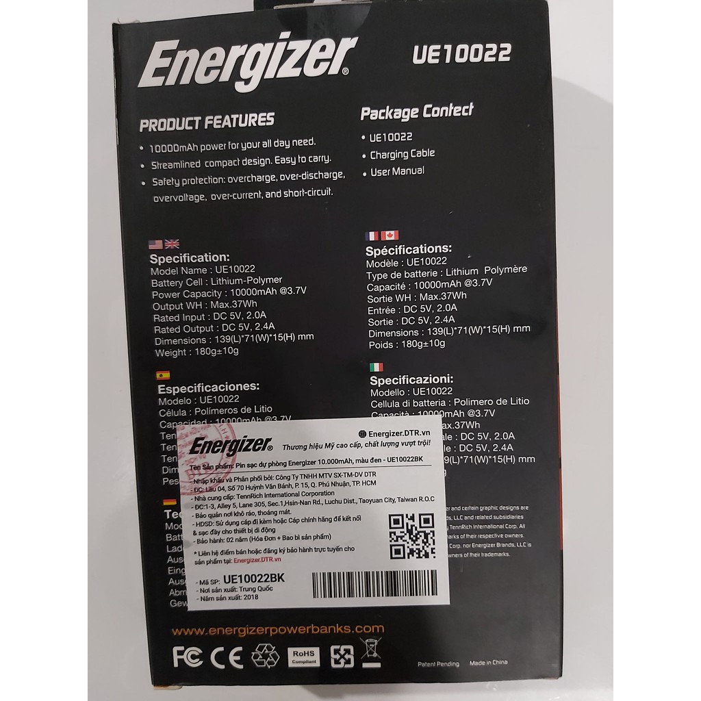 PIN DỰ PHÒNG ENERGIZER CHIẾN BINH 10000MAH - UE10022 Chính Hãng (Màu Đen)