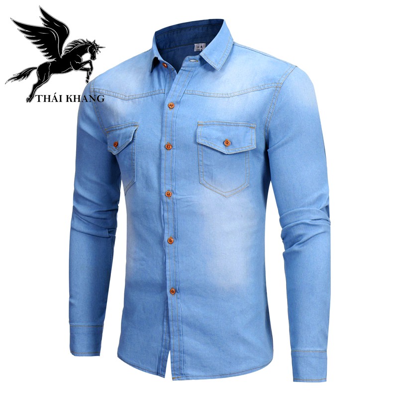 áo jean nam dài tay cao cấp vải cotton dày đẹp hàng chuẩn size vải đẹp | BigBuy360 - bigbuy360.vn