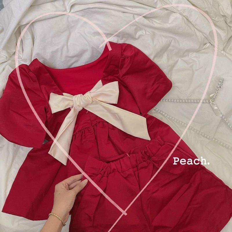 Sẵn  Set áo babydoll đen đỏ tay phồng nơ lưng với quần ngắn