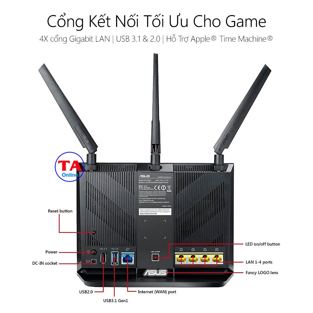 Bộ phát wifi ASUS RT-AC86U, băng tần kép, chuẩn AC2900. Hệ thống mạng AiMesh cho gaming.