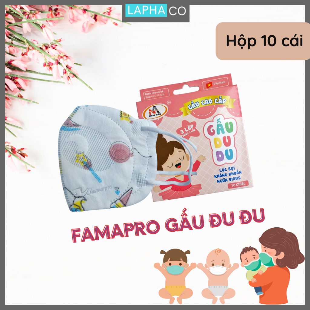 [ GẤU DU DU NAM ANH -10 CÁI] Khẩu trang trẻ em 3d Gấu Du Du Famapro Kháng giọt bắn, Kháng khuẩn