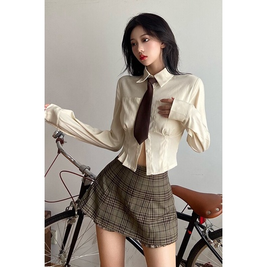 Kliou Chân váy KLIOU ngắn dáng chữ A lưng cao họa tiết kẻ sọc thời trang mùa hè 2023 mới dành cho nữ