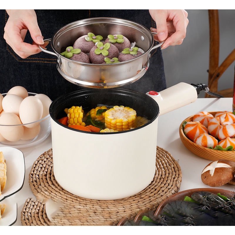 Nồi Lẩu Mini 2 Nấc Nhiệt TEFON Tay Cầm Dài 18cm, Chống Dính Vân Đá, Kèm Giá Hấp - Ca Nấu Mì, Lẩu, Chiên Sào, Hấp Đa Năng